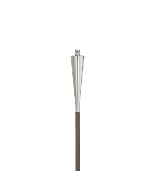 Tall, thin metallic garden torch on a white background