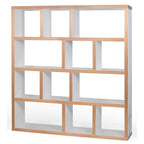 Wooden bookshelf with white shelves on a white background