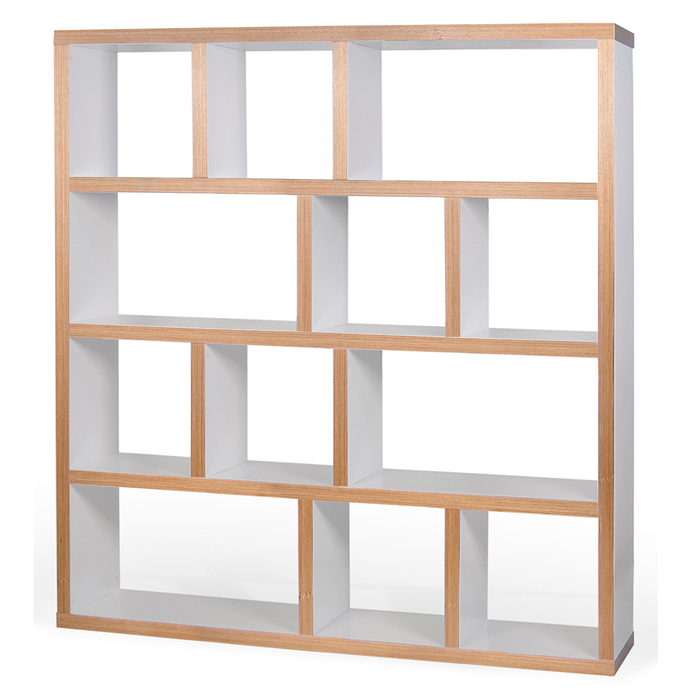 Wooden bookshelf with white shelves on a white background