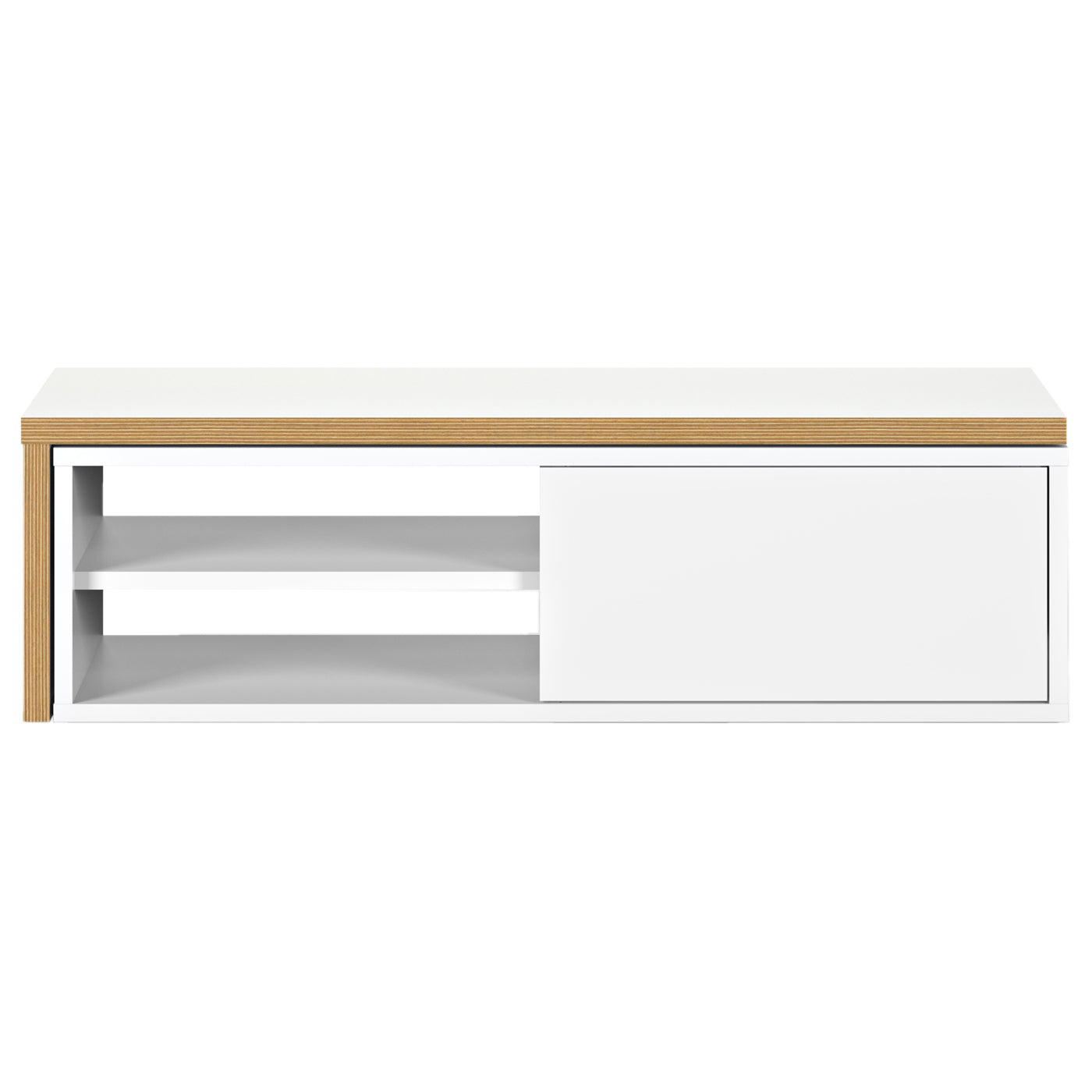 White TV stand with wooden top on a white background