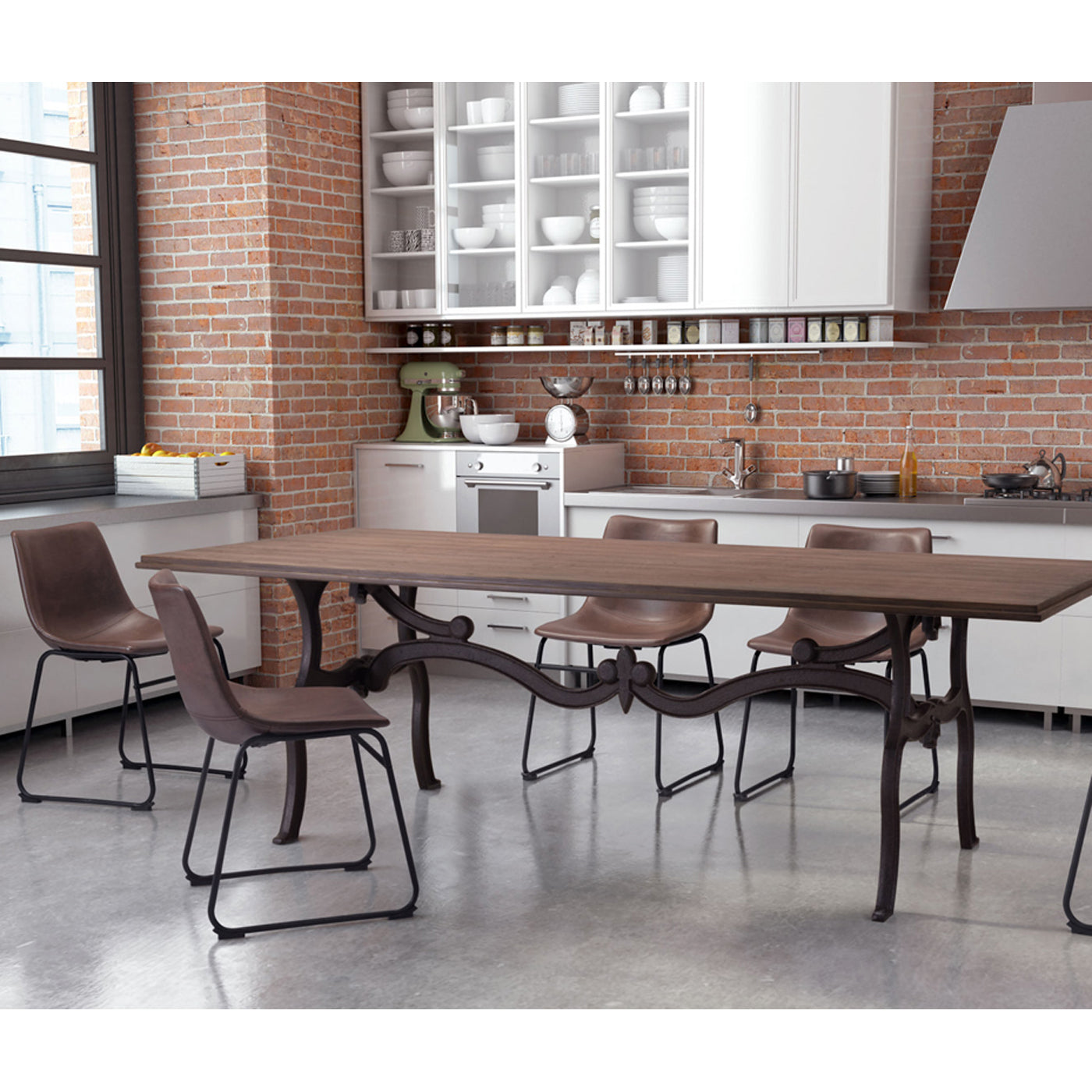 Dining table with chairs in a modern kitchen setting
